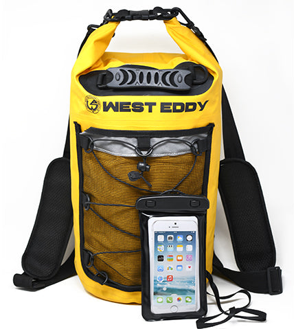 West Eddy 20 Liter Waterproof Dry Bag with Mesh Pocket and Phone Case- Keeps Personal Belonging Dry for Paddle Boarding, Kayaking, Canoeing, Camping, Hiking, Fishing, and Biking-Yellow Color