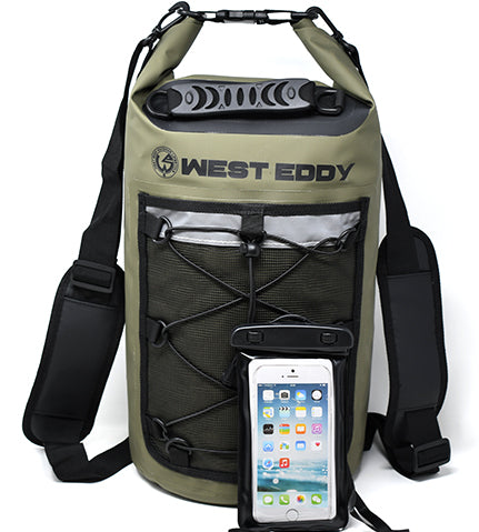 West Eddy 20 Liter Waterproof Dry Bag with Mesh Pocket and Phone Case- Keeps Personal Belonging Dry for Paddle Boarding, Kayaking, Canoeing, Camping, Hiking, Fishing, and Biking-Green Color