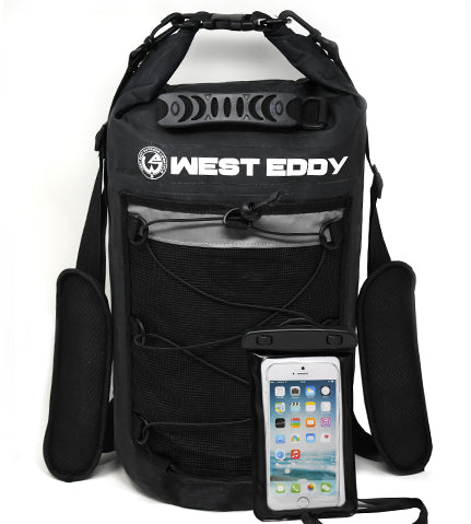 West Eddy 20 Liter Waterproof Dry Bag with Mesh Pocket and Phone Case- Keeps Personal Items Dry During Paddle Boarding, Kayaking, Canoeing, Camping, Hiking, Fishing, and Biking-Black Color